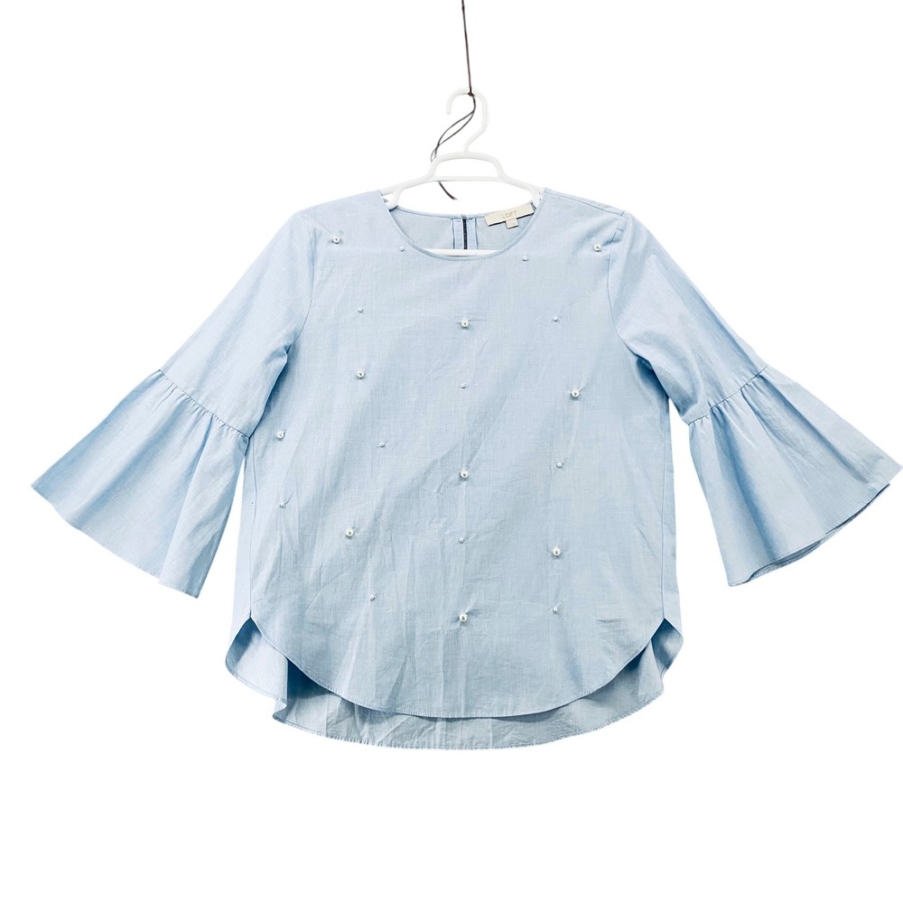 Loft Womens Light Blue Faux Pearl Embellished Bell Sleeve Blouse Top Large‎